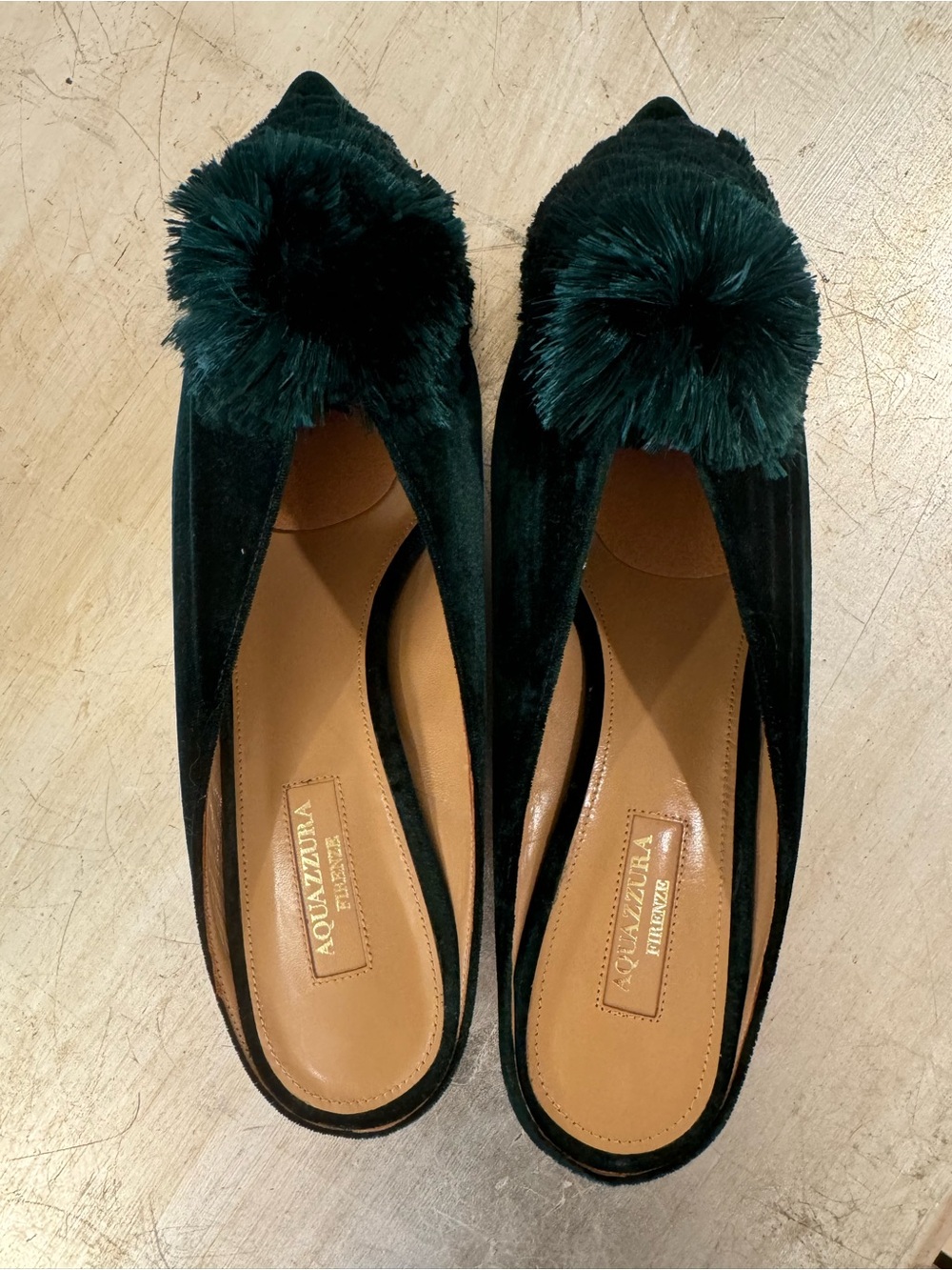 Aquazzura Powder Puff Green Velvet Mules - Picture 3 of 8